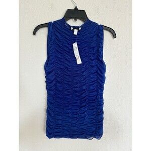 Topshop Blue Ruched Sheer Tank Top Mesh Grunge Classy Shirt Size 8/10 (M)